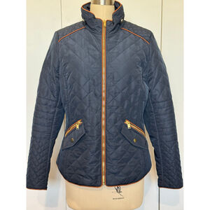 Women's H&M Navy Blue Quilted Puffer Jacket with brown Trim Size M gold zippers